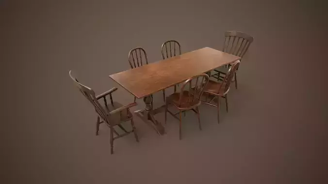 Vintage furniture table and chairs Low-poly 3D model