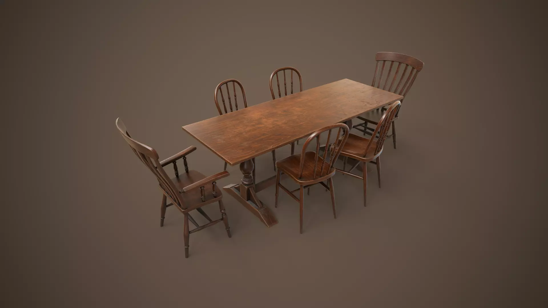 Vintage furniture table and chairs Low-poly 3D model_0