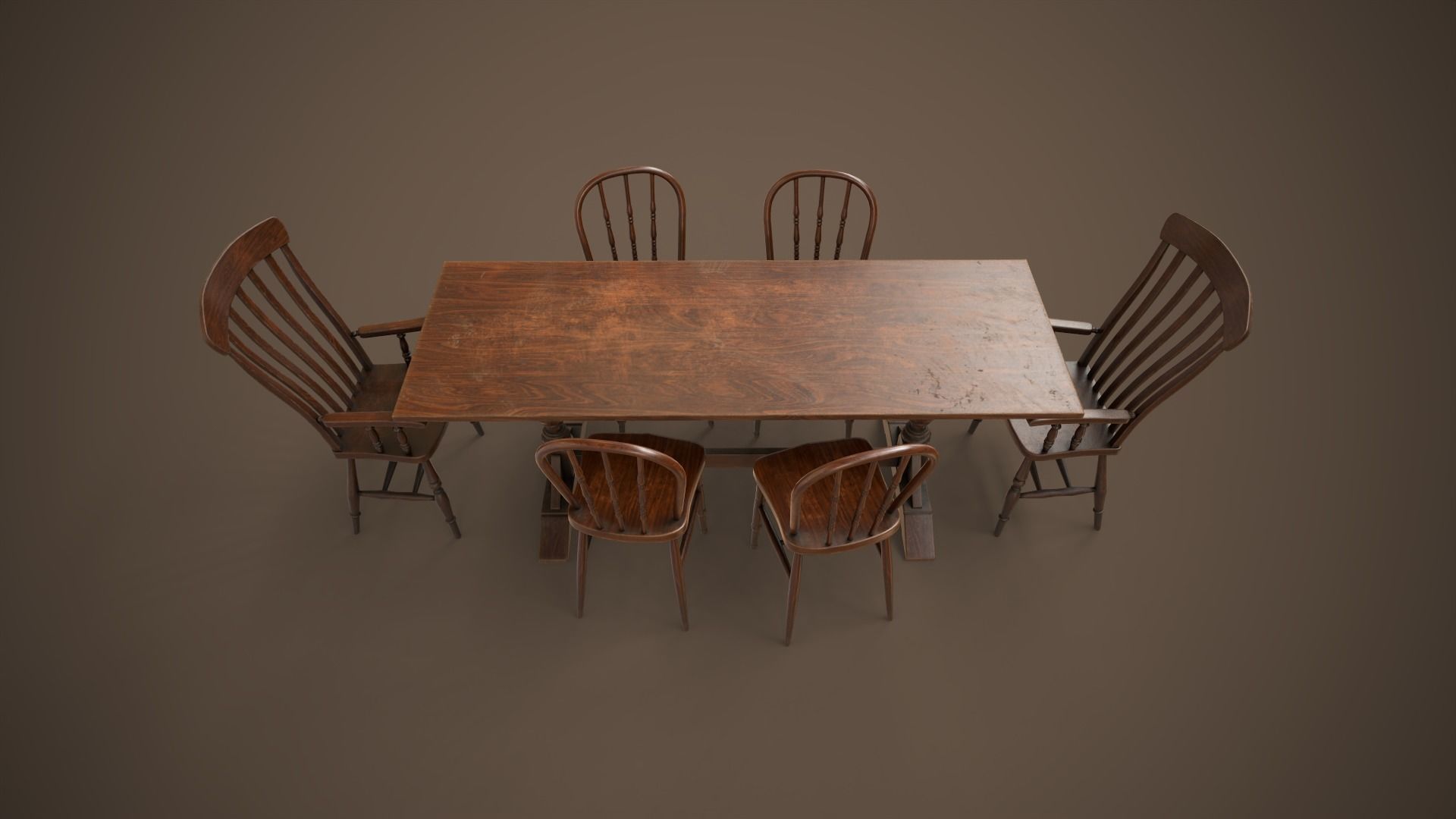 Vintage furniture table and chairs Low-poly 3D model_1