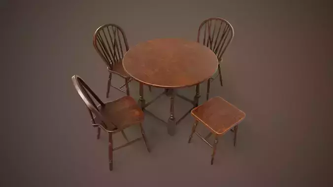 Vintage furniture table chair and stool Low-poly 3D model