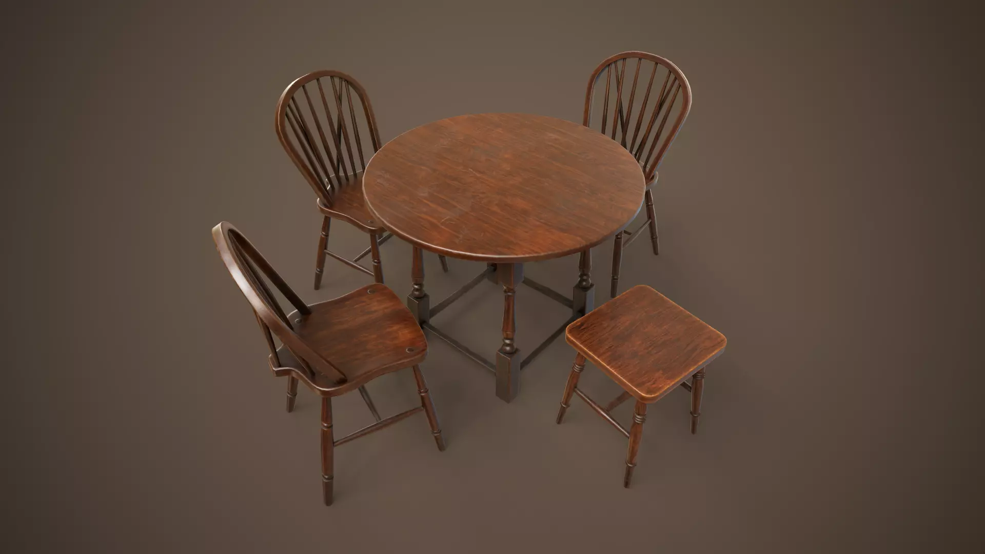 Vintage furniture table chair and stool Low-poly 3D model_0