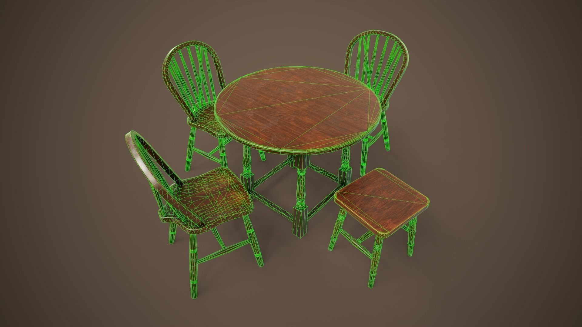 Vintage furniture table chair and stool Low-poly 3D model_2