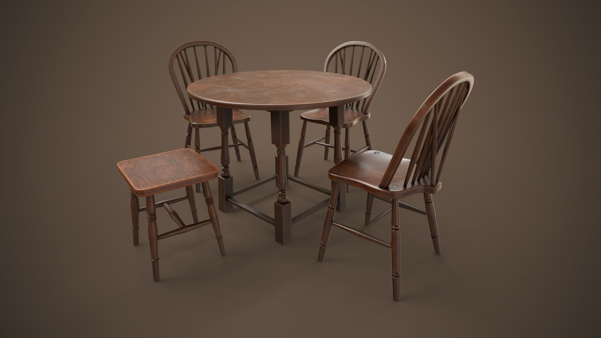 Vintage furniture table chair and stool Low-poly 3D model_1