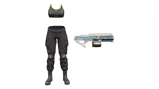 Futuristic Combat Outfit Set Boots Pants Gun Top