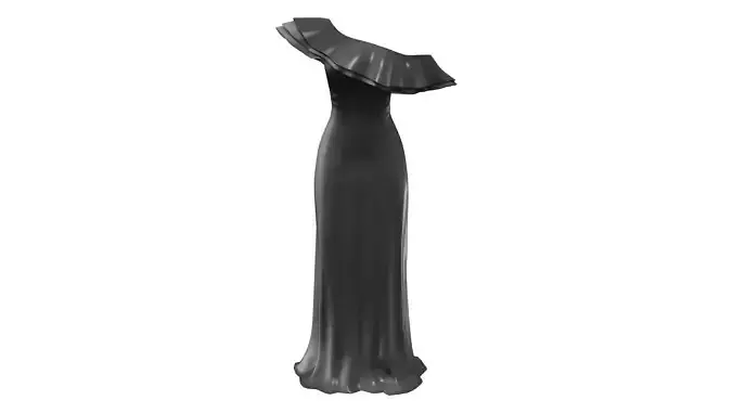 Black One Shoulder  Long Gown Dress With Front Frills