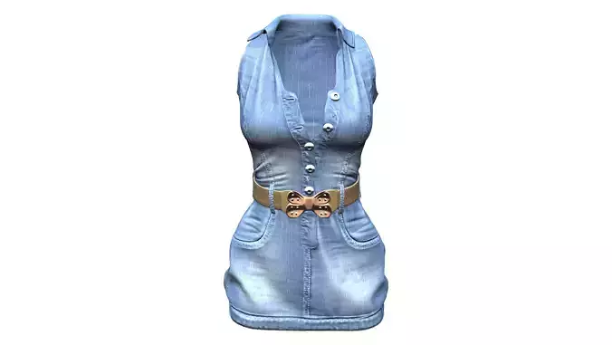 Denim Mini Cocktail Party Dress With Belt Button Front