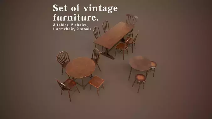 Set of vintage tables and chairs 3D Model Collection