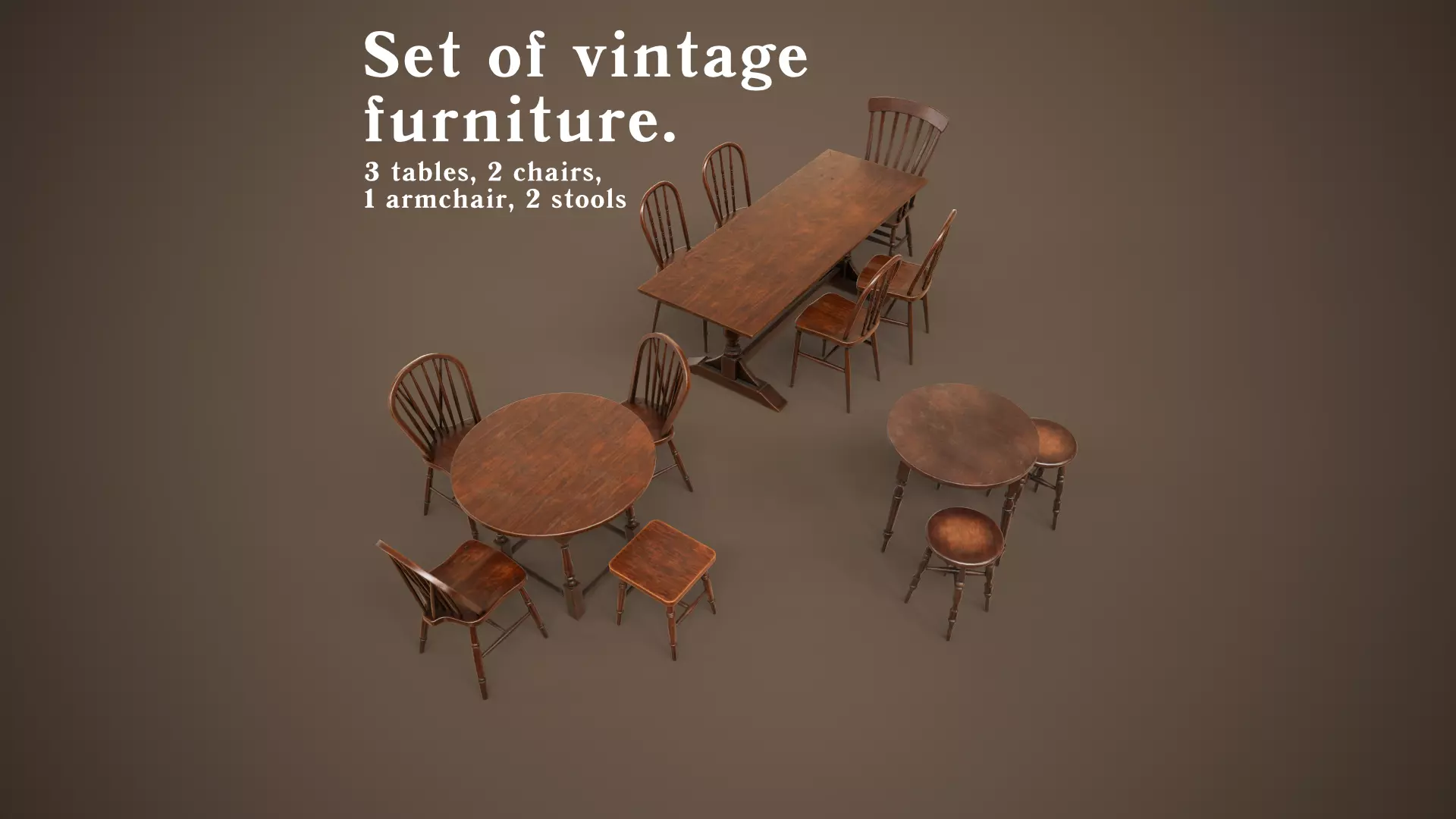 Set of vintage tables and chairs 3D Model Collection_0