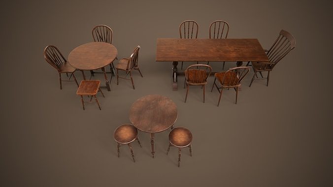 Set of vintage tables and chairs 3D Model Pack 2