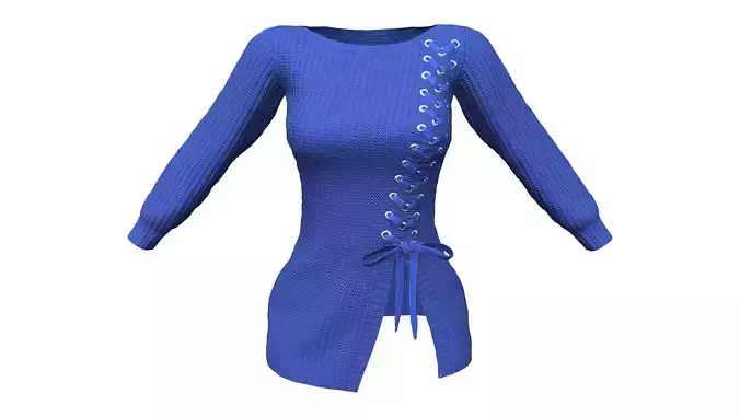 Split Front Hem Lace Up Long Sleeve Round Neck Blue Sweater