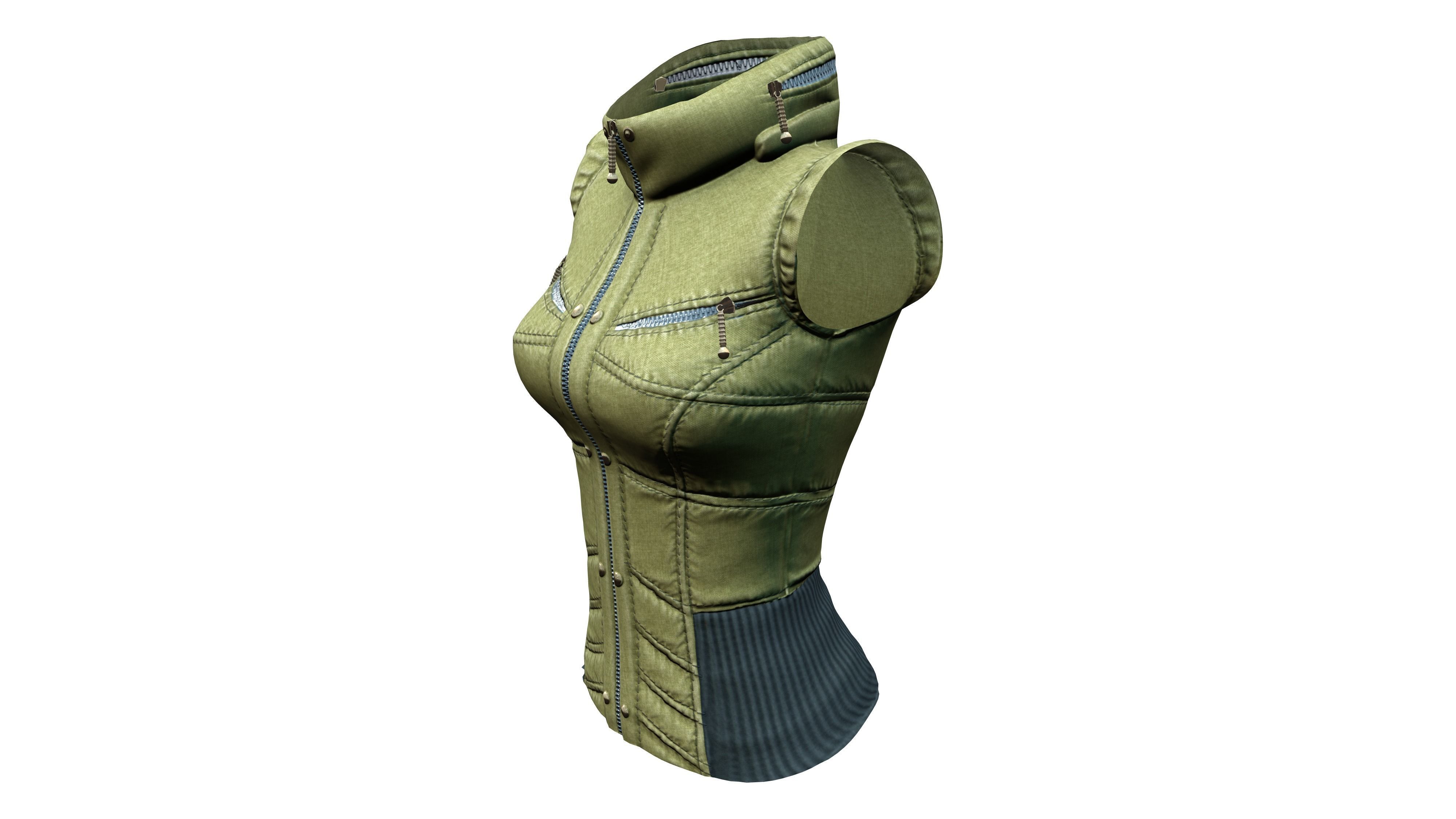Female Army Green Urban Vest Low-poly 3D model_2
