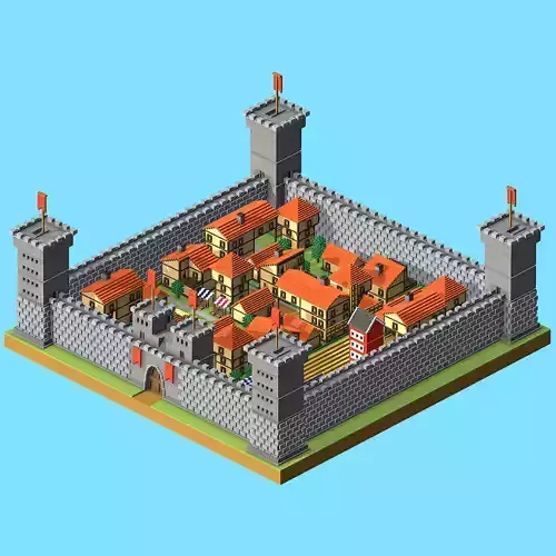 Voxel Medieval Castle Town Low-poly 3D model
