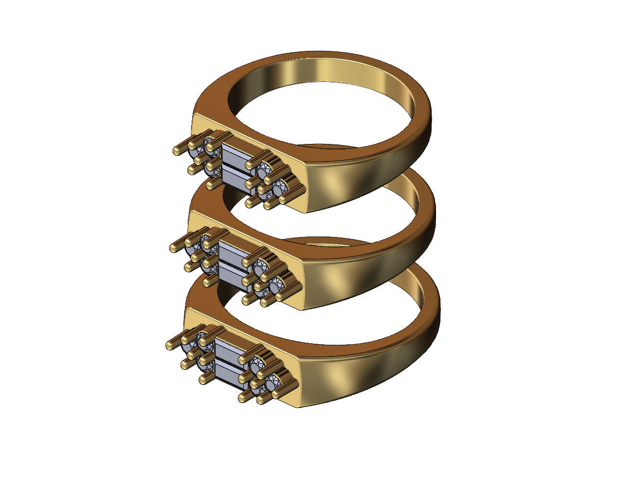 Baguettes and diamonds cluster signet ring US sizes 6 7 8 3D print model_3