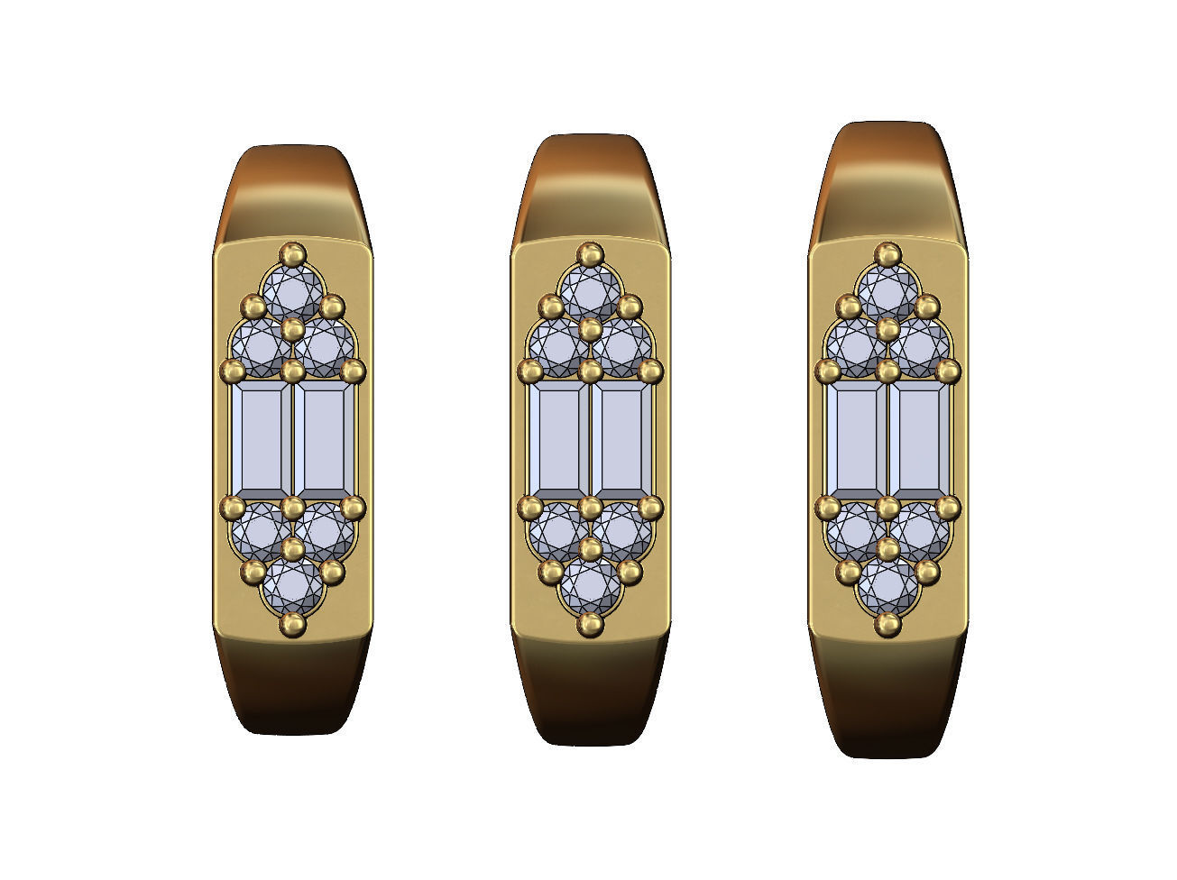 Baguettes and diamonds cluster signet ring US sizes 6 7 8 3D print model_1