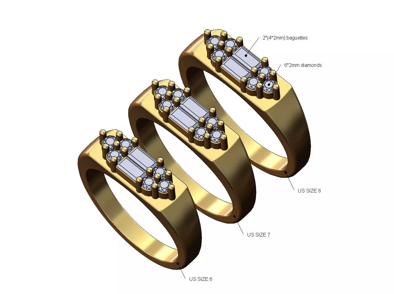 Baguettes and diamonds cluster signet ring US sizes 6 7 8 3D print model_0