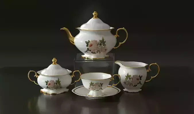 Porcelain tea set with rosemies   3D model