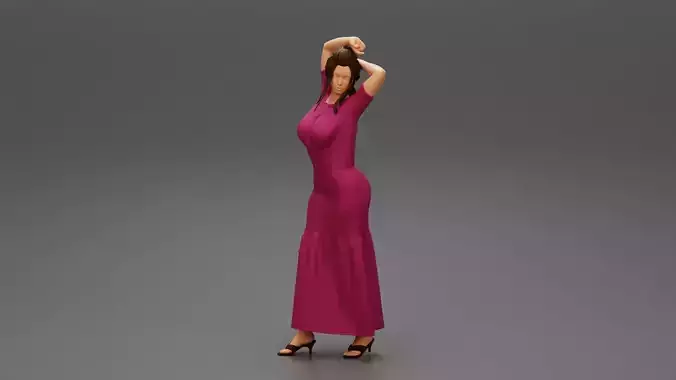Pretty Woman in long Dress with Hands Behind Her Head