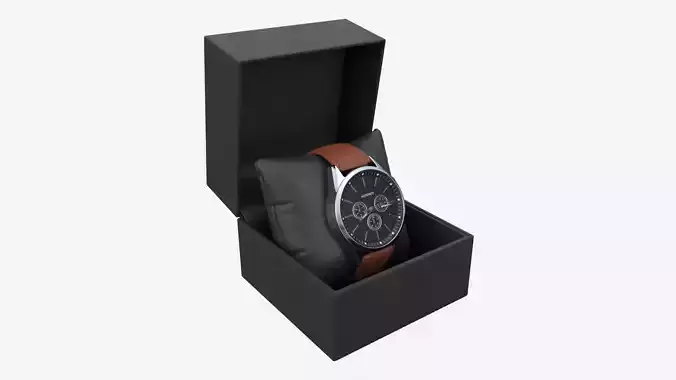 Wristwatch with Leather Strap in box 01 3D model