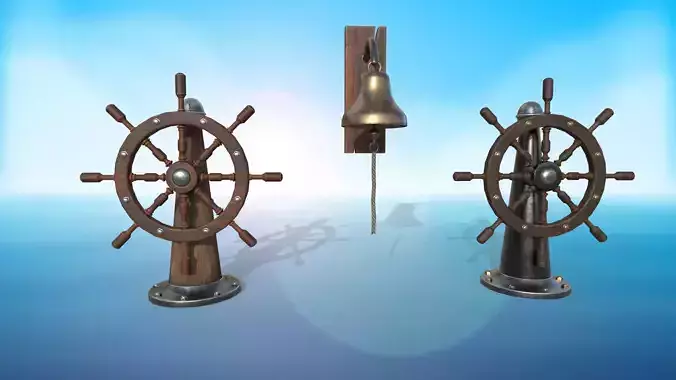 Vessel Wheel for sea ship and bell PBR game ready Low-poly 3D model