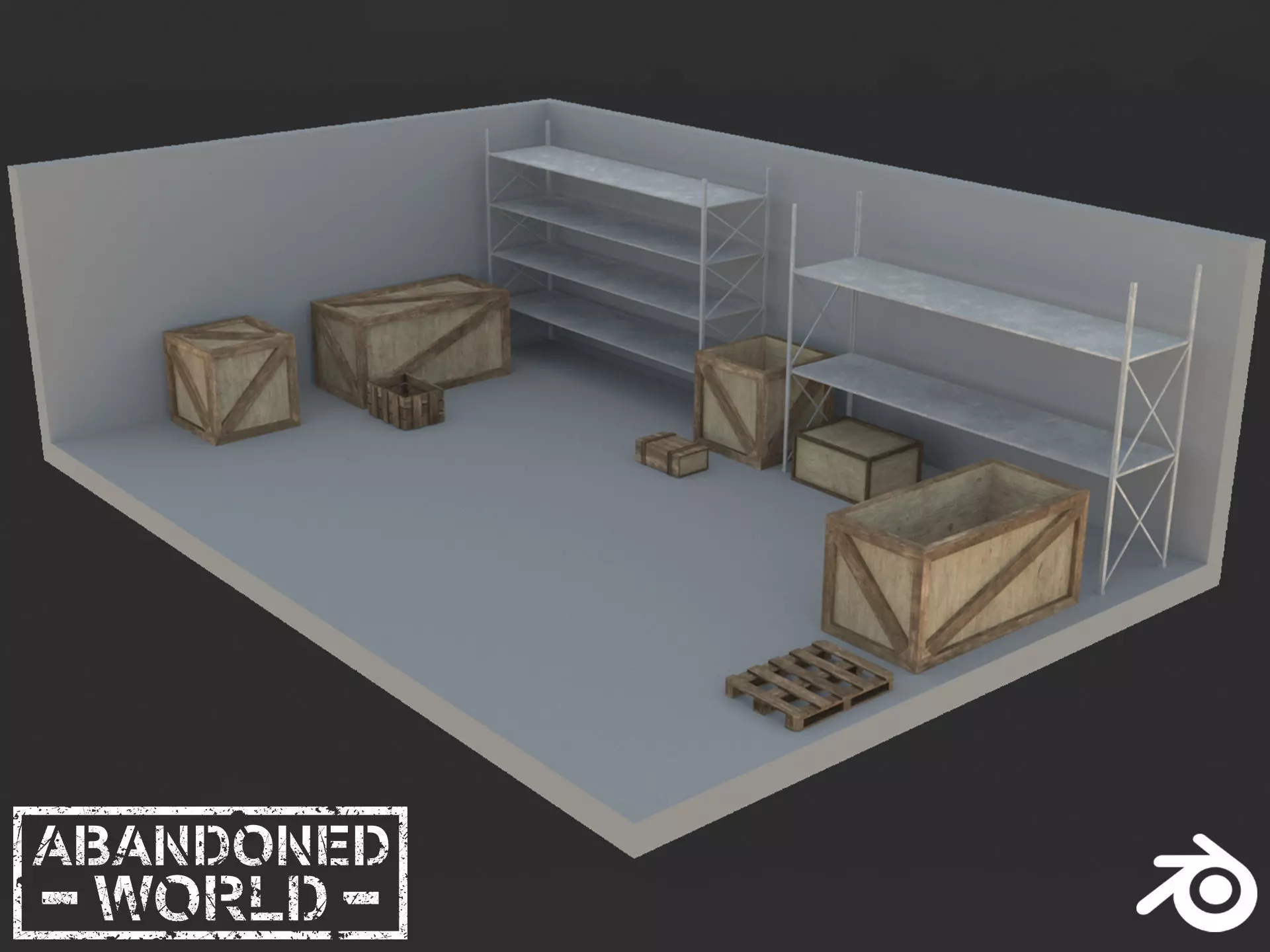 Industrial Shelving and Wood Box Low-poly 3D model_0