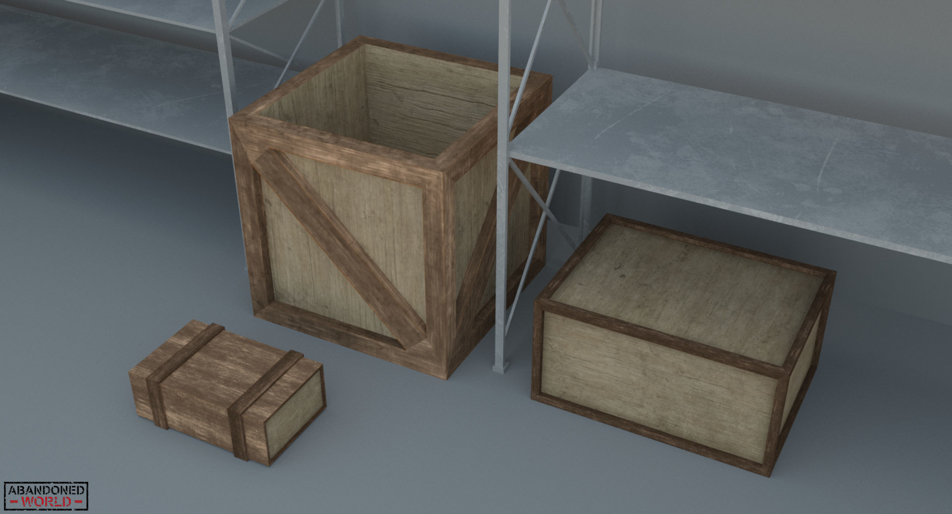 Industrial Shelving and Wood Box Low-poly 3D model_7