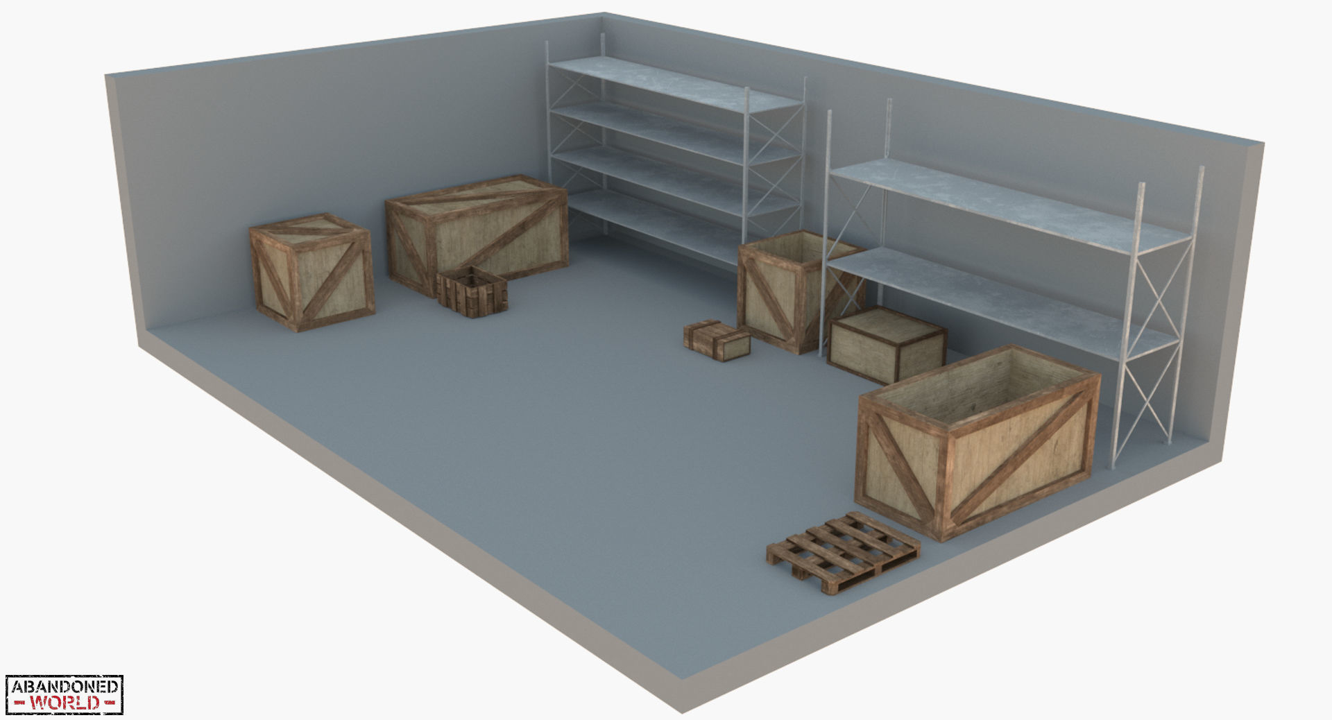 Industrial Shelving and Wood Box Low-poly 3D model_1
