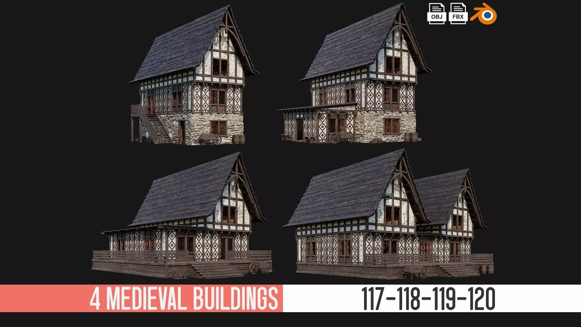4 Old Medieval Building Pack 4K Textures GameReady 117 to 120 Low-poly 3D model