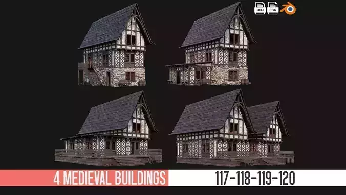 4 Old Medieval Building Pack 4K Textures GameReady 117 to 120 Low-poly 3D model