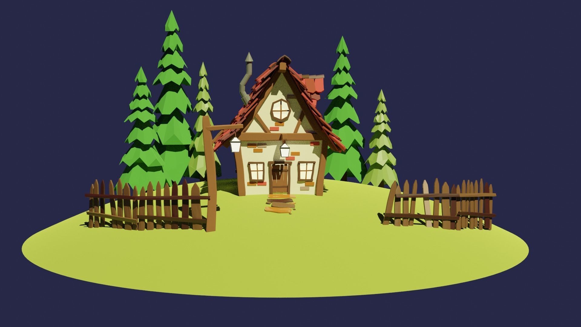 Low Poly House cottage on hill Free low-poly 3D model_2