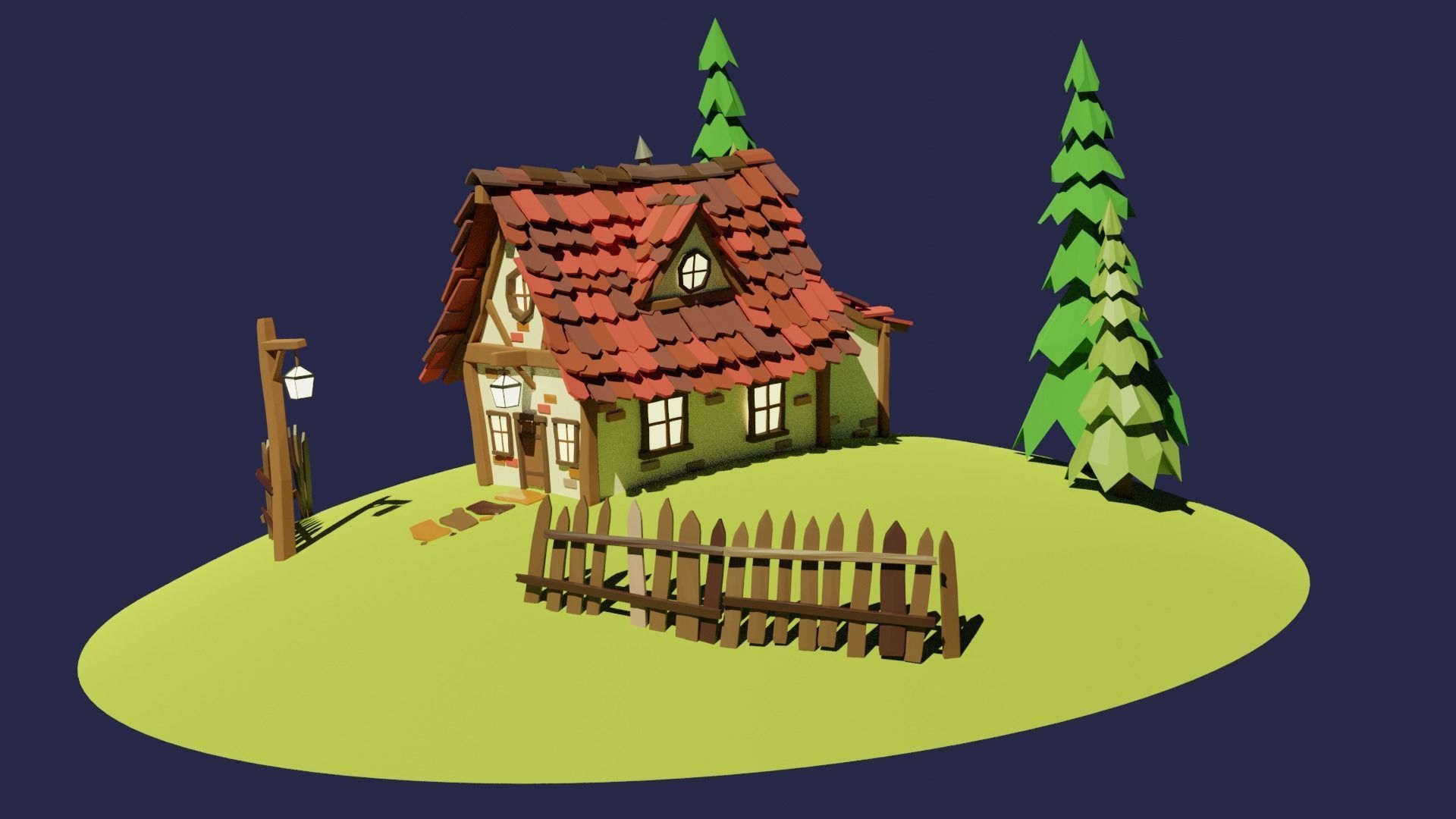 Low Poly House cottage on hill Free low-poly 3D model_3