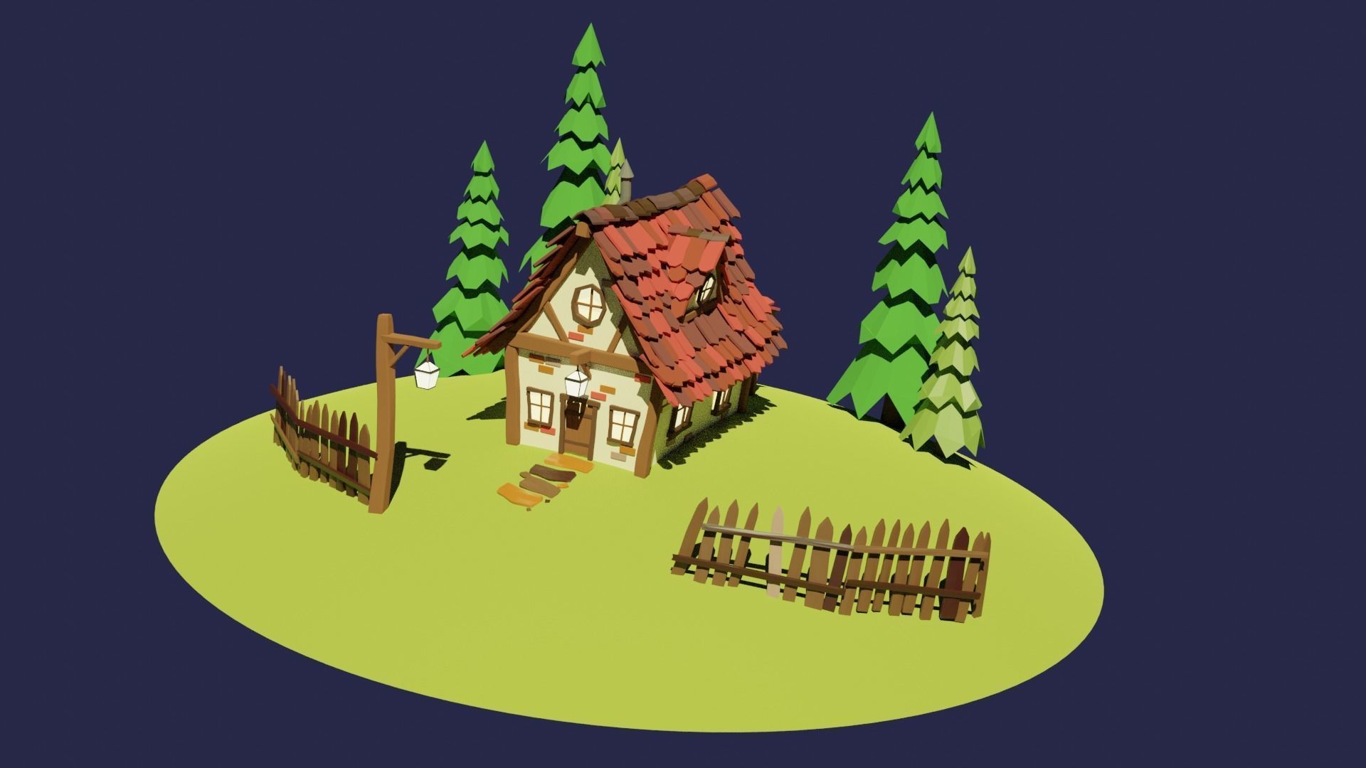 Low Poly House cottage on hill Free low-poly 3D model_5