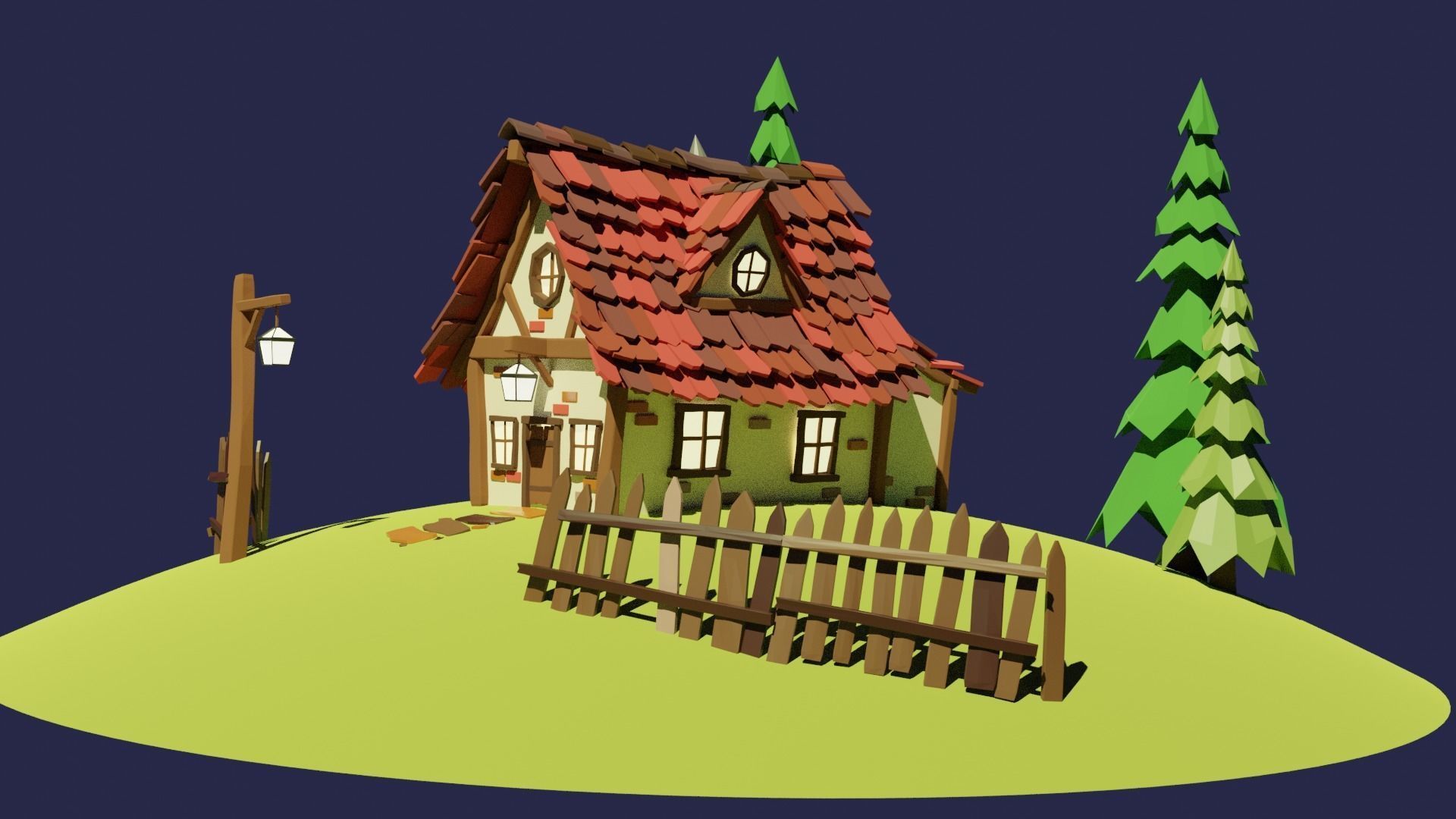 Low Poly House cottage on hill Free low-poly 3D model_4