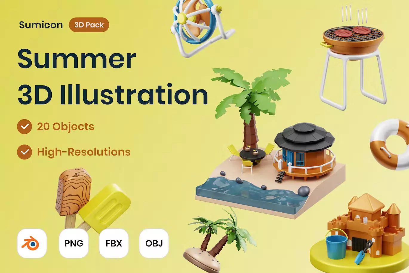 Summer 3D Illustration Low-poly 3D model_0