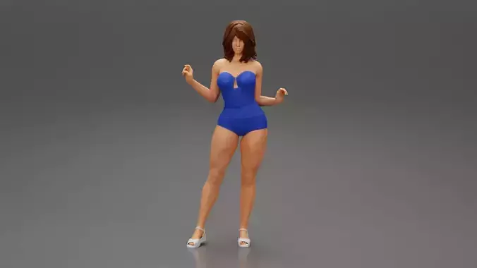 Attractive woman in one piece swimming suit posing on the beach