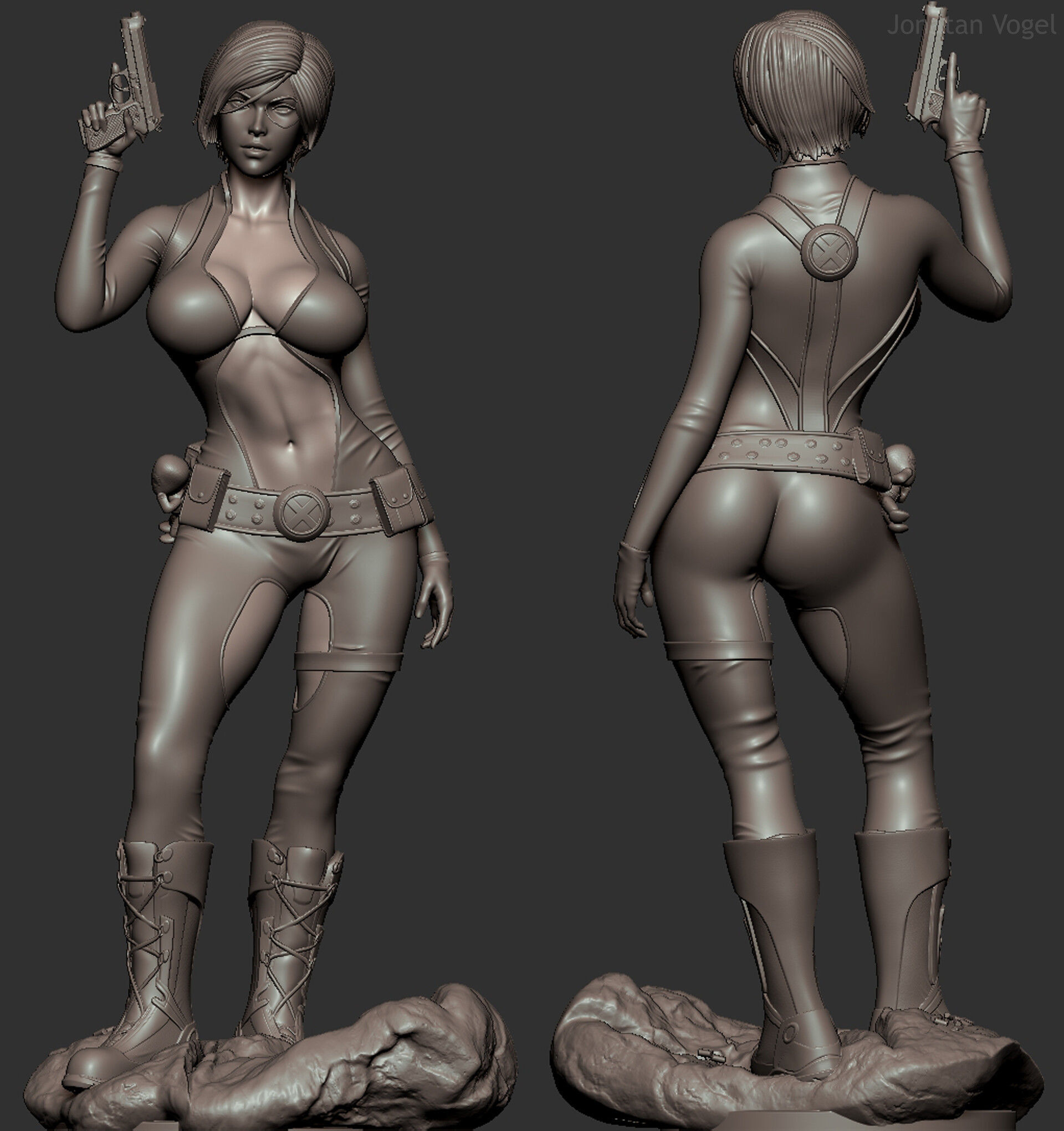 Domino statue of woman holding gun 3D print model_1