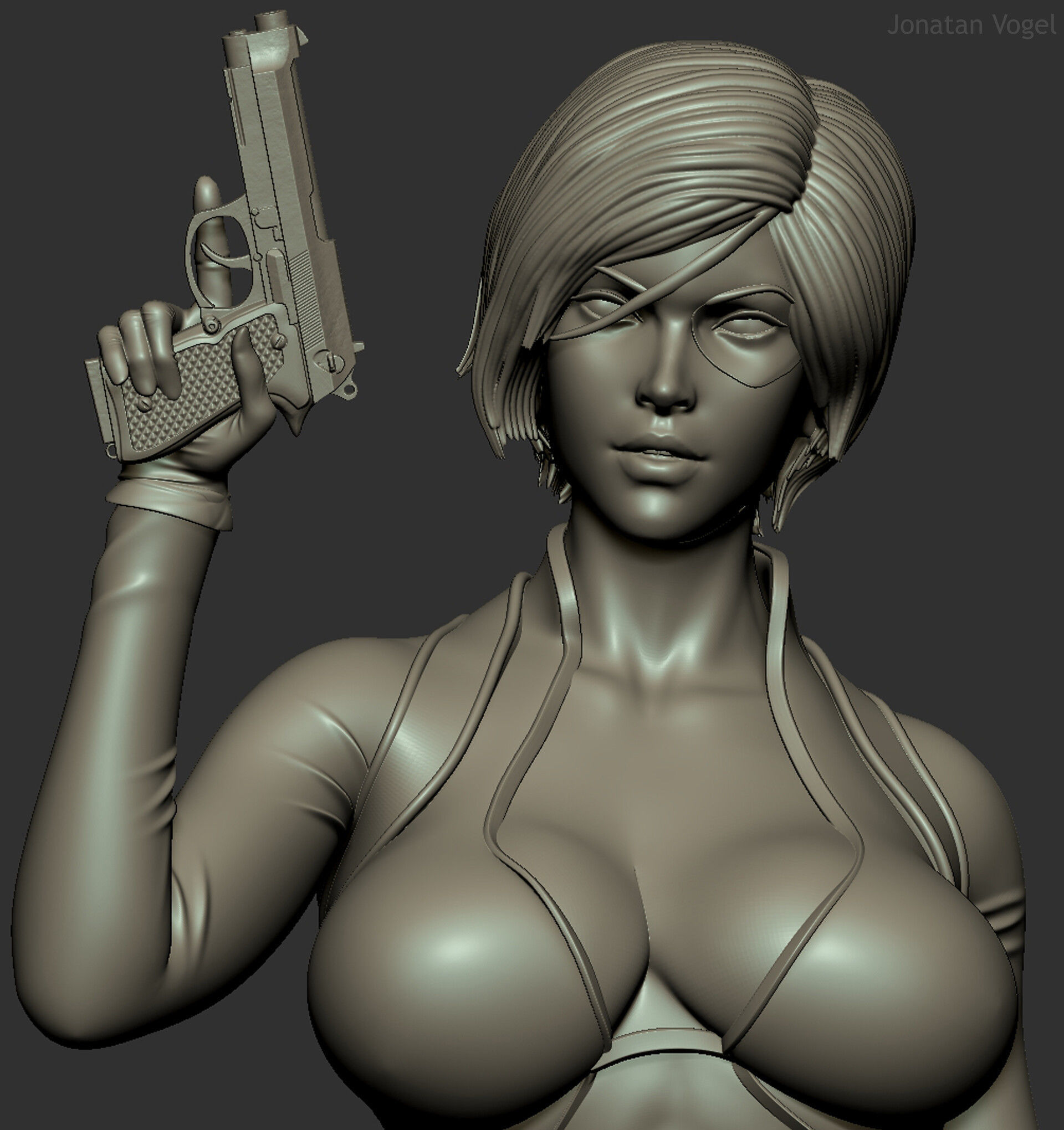 Domino statue of woman holding gun 3D print model_3