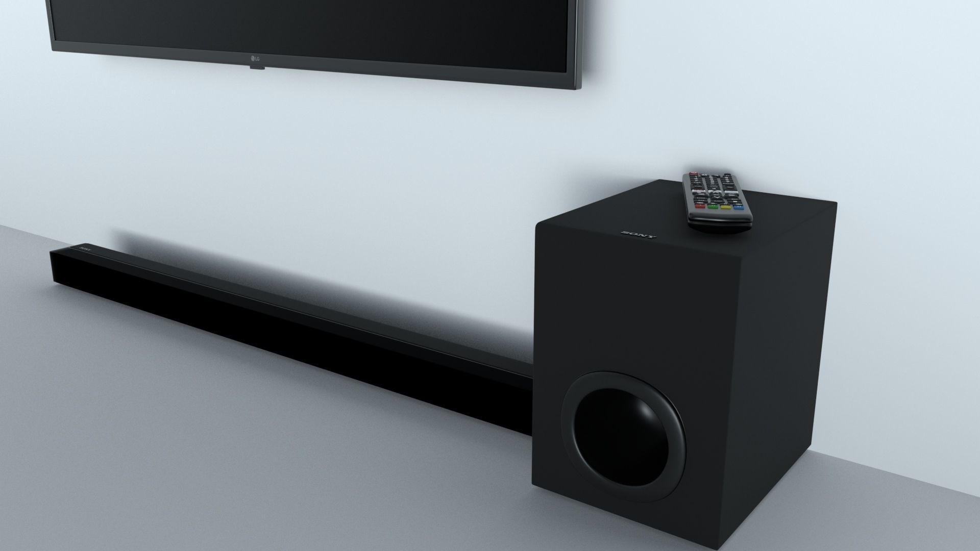 TV with a remote a sound bar and subwoofer  3D model_2