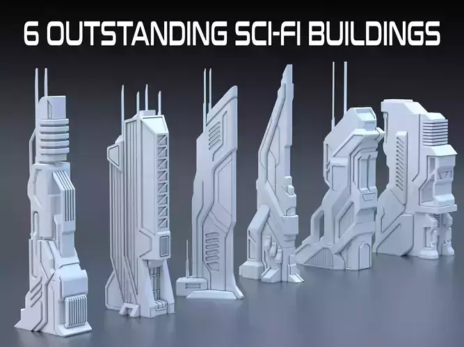 Sci Fi Building Pack - 6 Futuristic Skyscraper Architecture  Set Low-poly 3D model