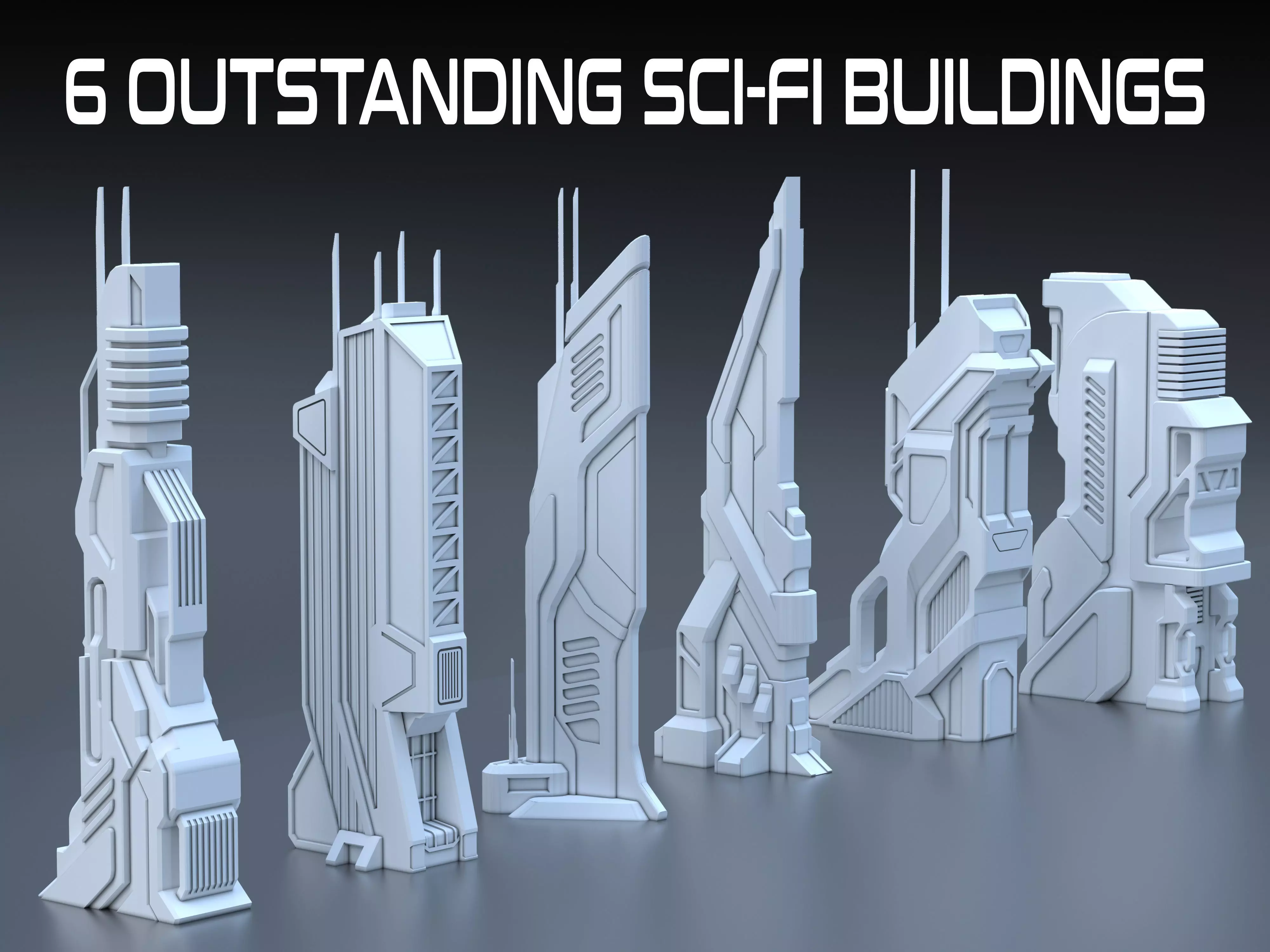 Sci Fi Building Pack - 6 Futuristic Skyscraper Architecture  Set Low-poly 3D model_0