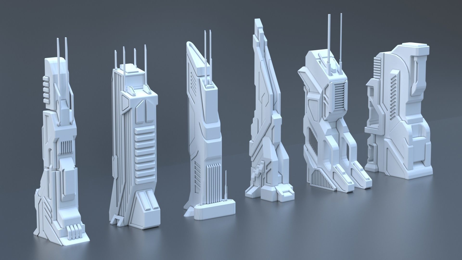 Sci Fi Building Pack - 6 Futuristic Skyscraper Architecture  Set Low-poly 3D model_3