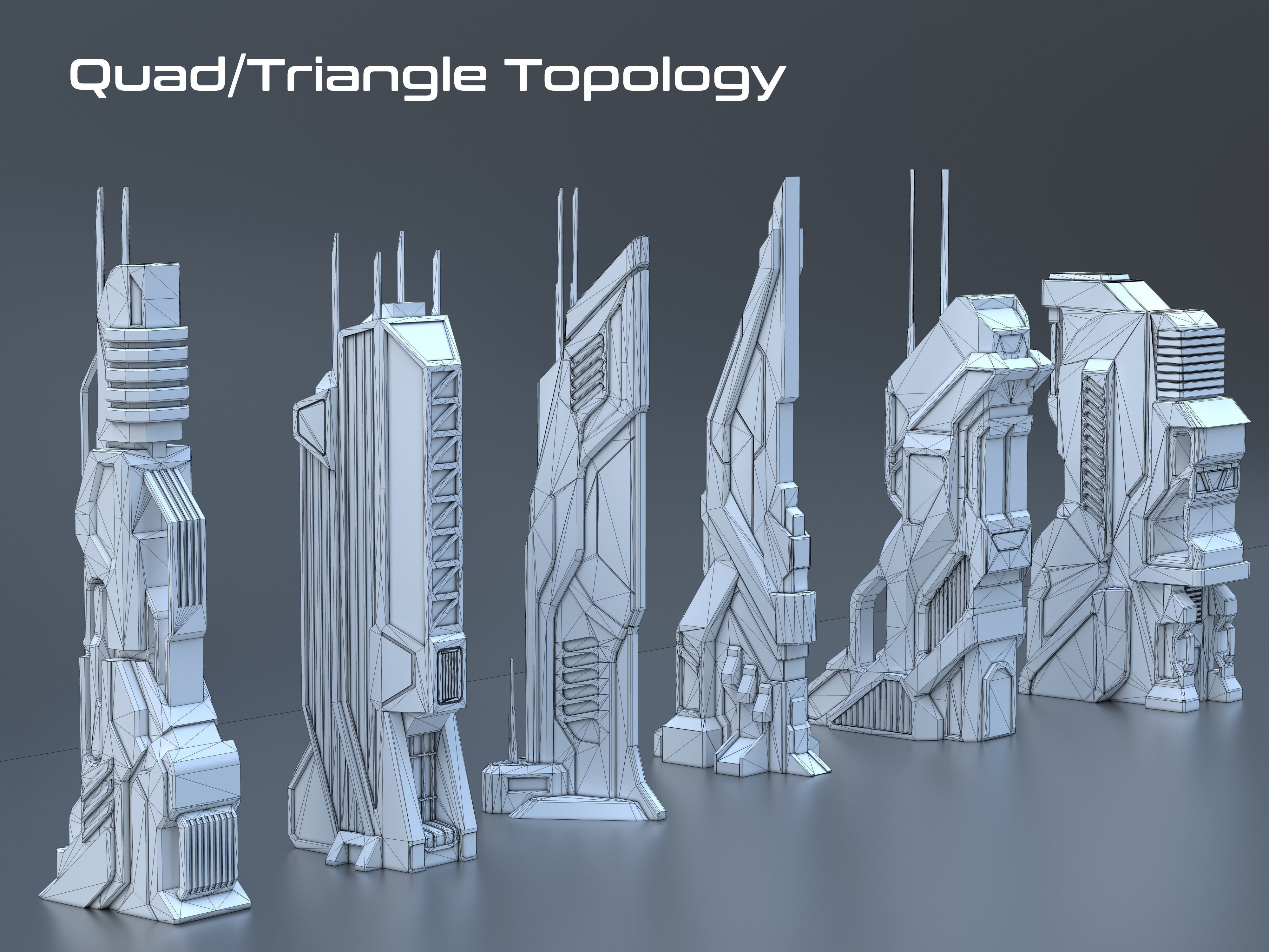 Sci Fi Building Pack - 6 Futuristic Skyscraper Architecture  Set Low-poly 3D model_1