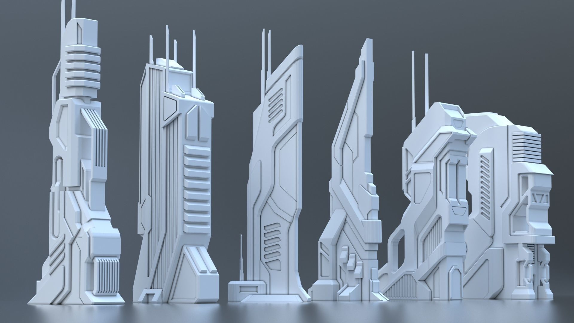 Sci Fi Building Pack - 6 Futuristic Skyscraper Architecture  Set Low-poly 3D model_17