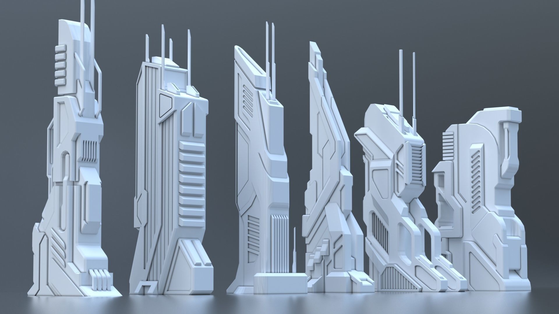Sci Fi Building Pack - 6 Futuristic Skyscraper Architecture  Set Low-poly 3D model_16