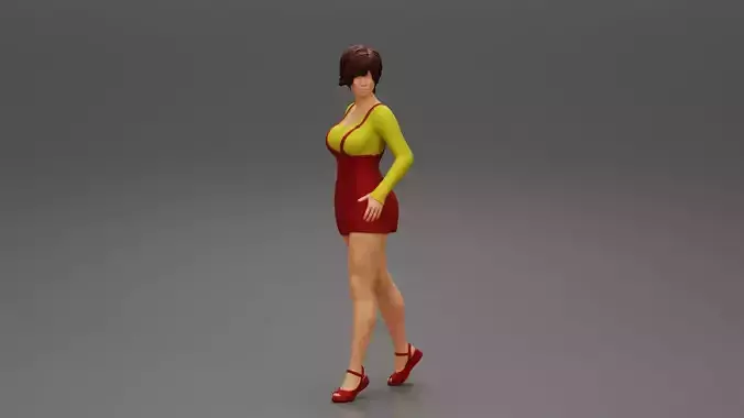 Happy brunette woman with short hair in denim short overalls