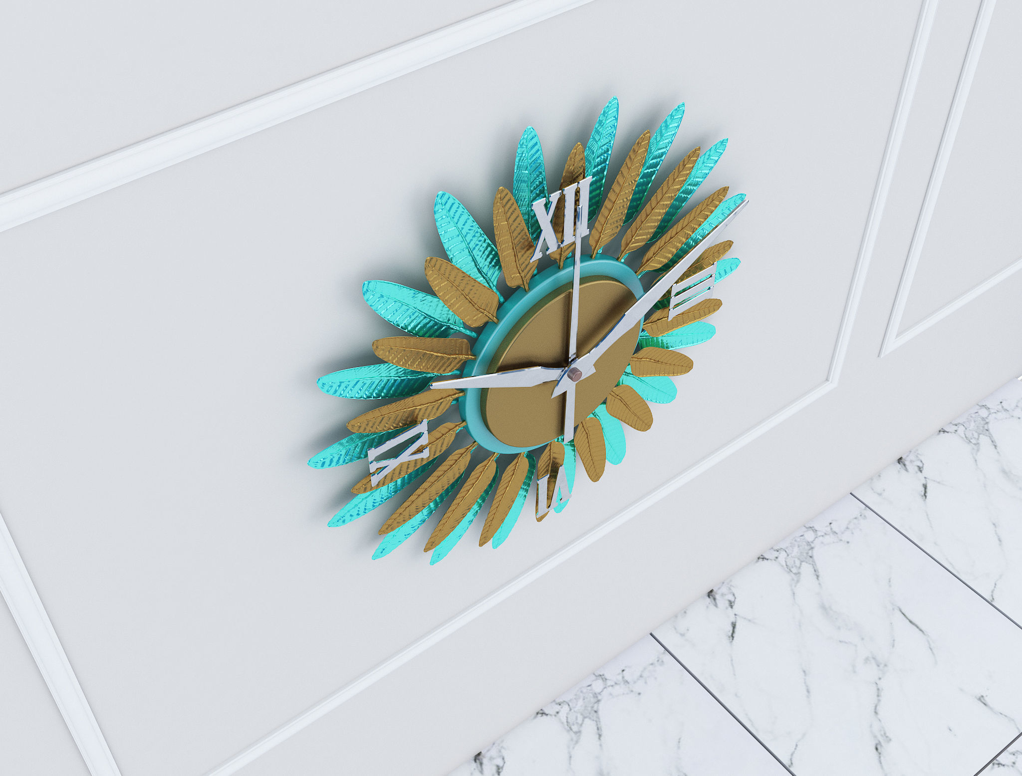 Decorative Metal Clock plants with gold m9 3D model_2