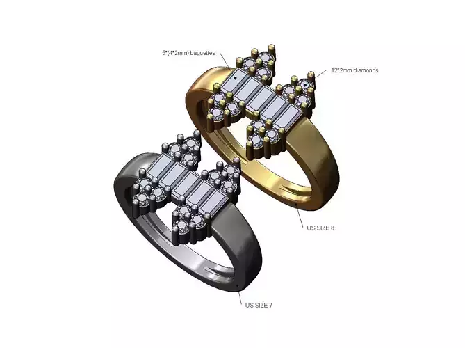 Baguette line and diamonds clusters statement ring US sizes 7 8