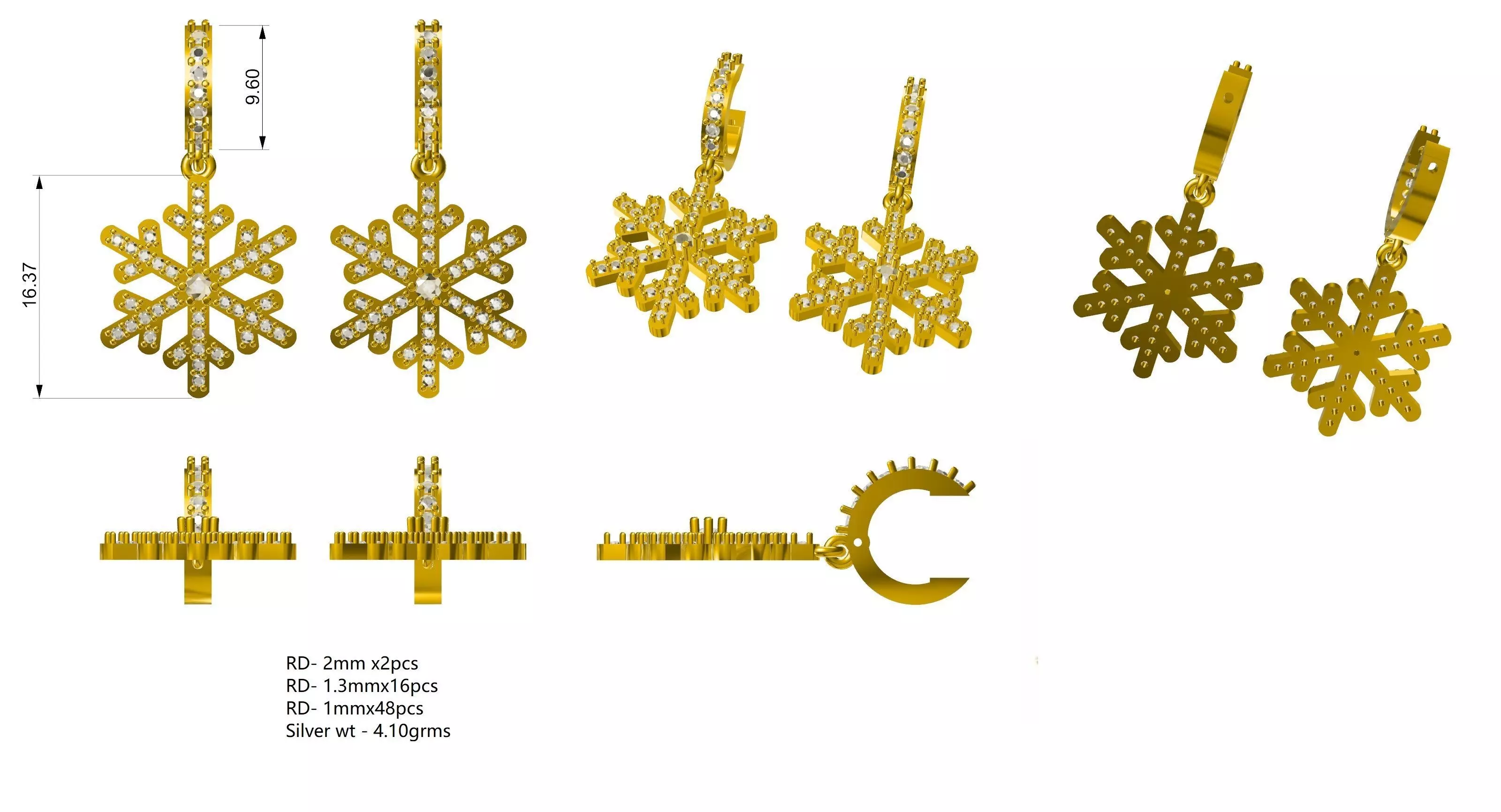 Snowflake Diamond Earing Pendant Design Jewellery 3D print model