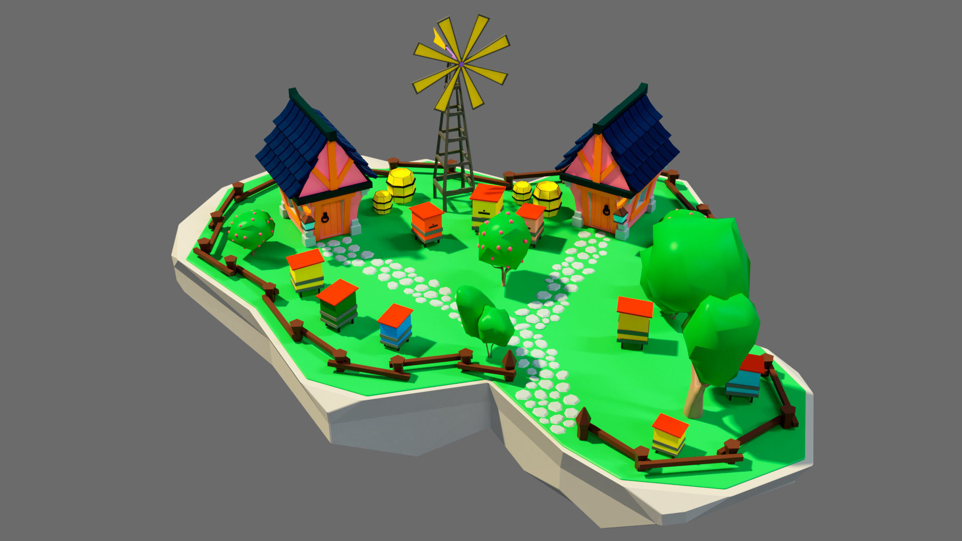 island 7 with houses and windmill Low-poly 3D model_1