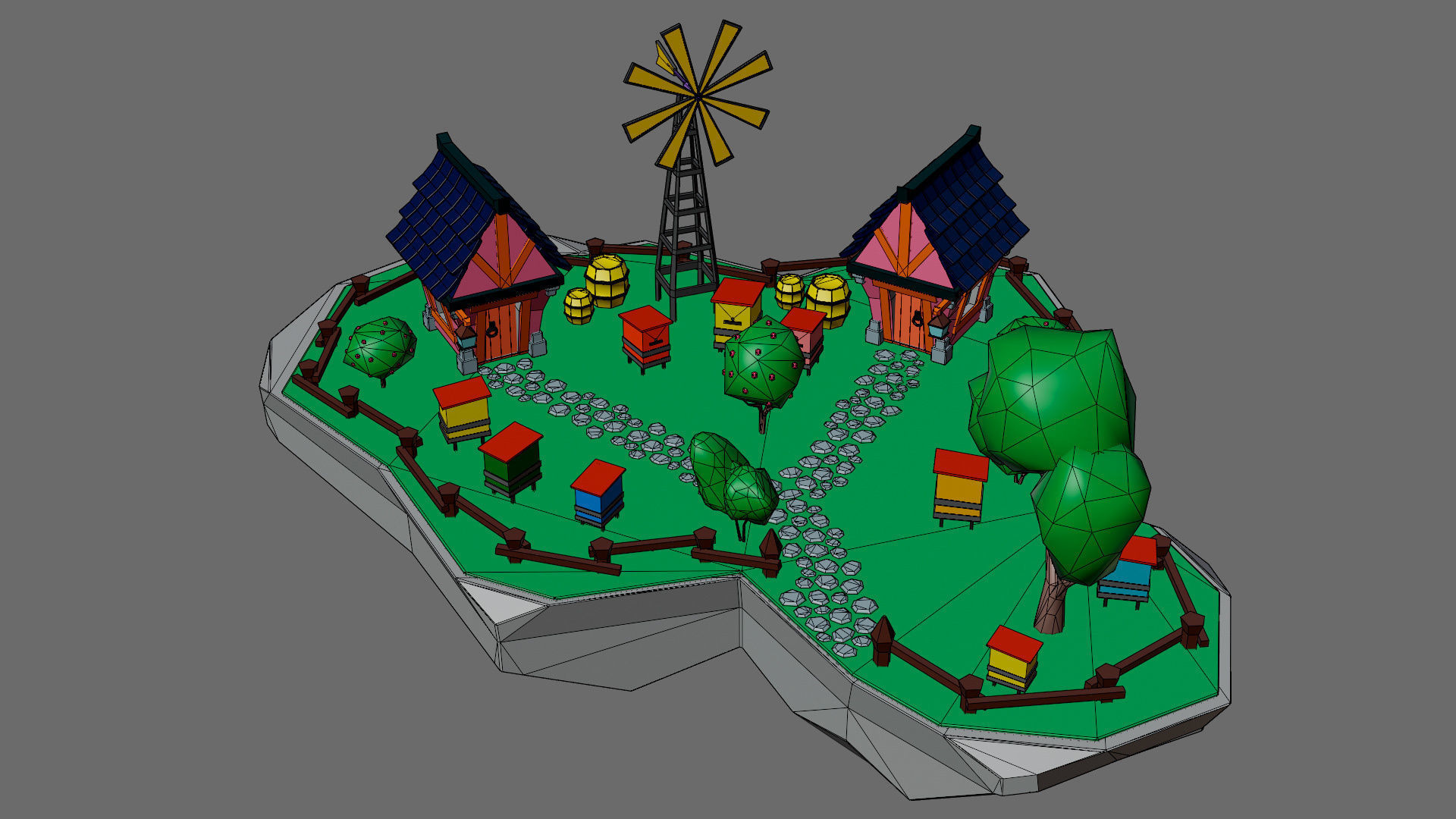 island 7 with houses and windmill Low-poly 3D model_5