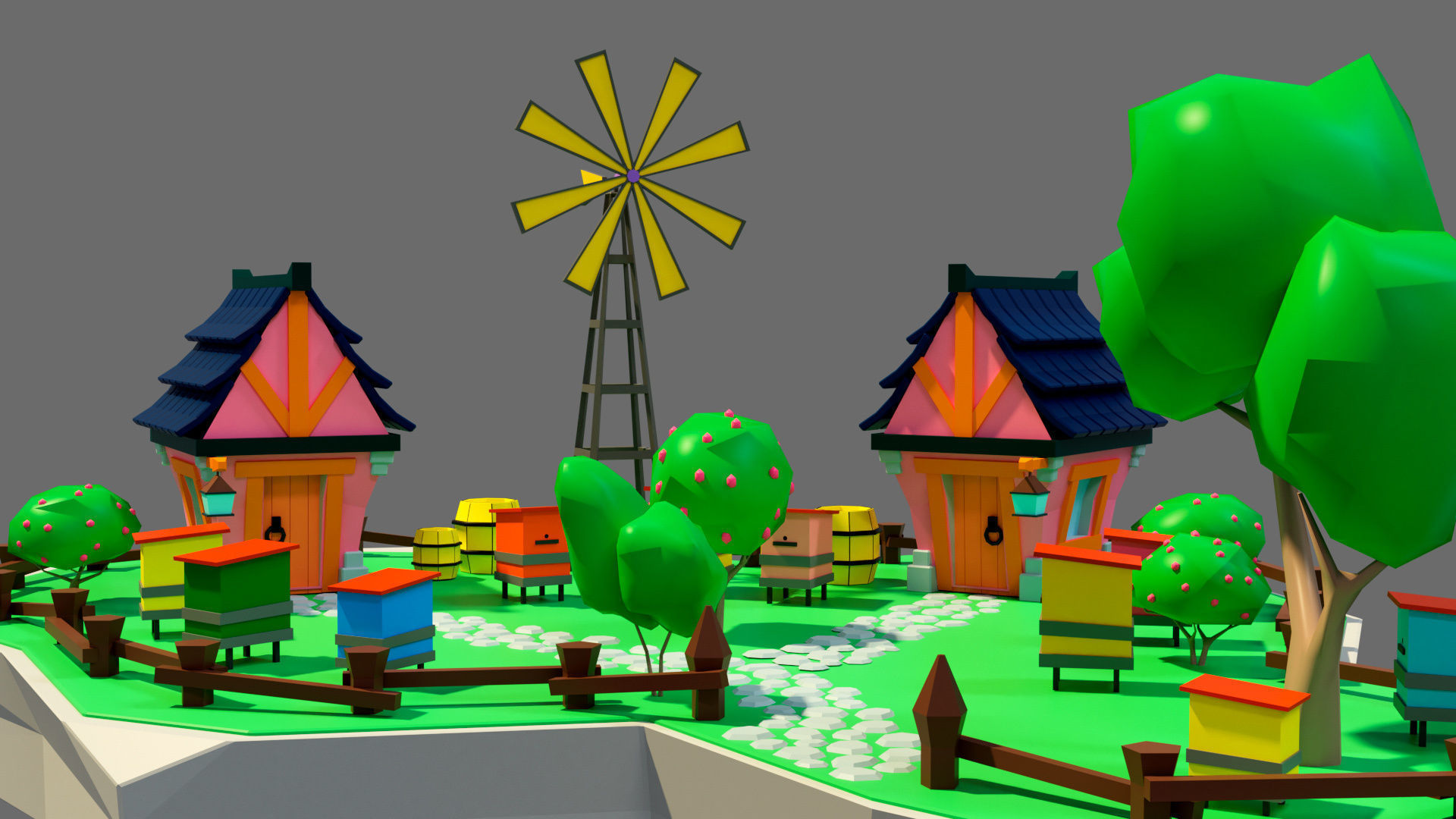 island 7 with houses and windmill Low-poly 3D model_2